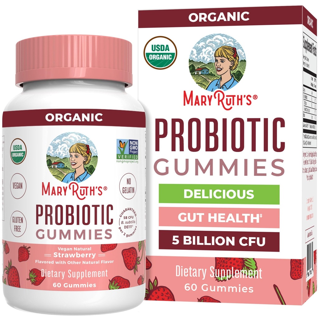 MaryRuth Organics USDA Organic Probiotic Gummies against 124; Probiotika forWomen & Men fordøjelsessygdomme & Gut Comfort Supplement 5 Millioner CFU = 124; immunforsvar & fordøjelsesstøtte = 124; Veganer124; Non- GMO = 124; 60 Tælling