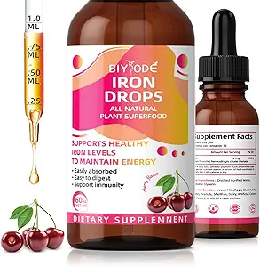 Jerntilskud til kvinder Drops: Flydende jerntilskud med C-vitamin B12 & folinsyre Gentle Absorption Energy Support Non- Constipating Formel Vegan sukkerfri dråber