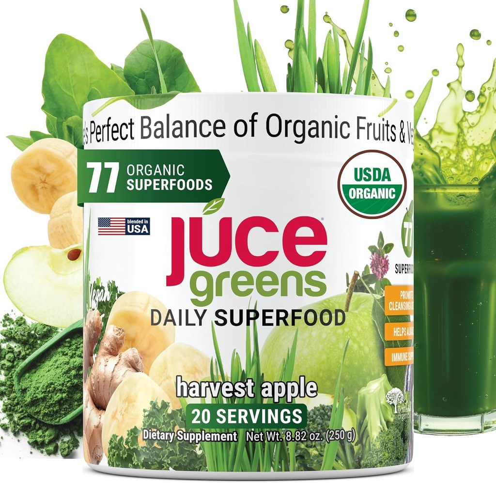 Terra Kai Organics Juce Green Superfood Powder, Organic Fruits and Veggies Supplement W / 77 Superfoods Plus Prebiotic Probiotic Blend, Høst Apple Flavor - 20 Servere (250 g)