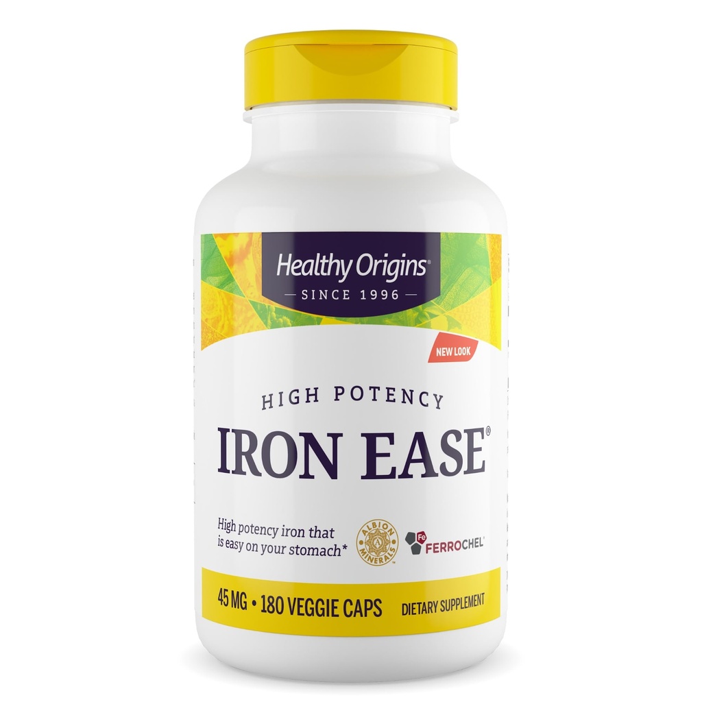 Healthy Origins Iron Ease 45 mg, 180 Veggie Capsules - Albion Ferrochel Ferrous Bisglycinate Chelate - Gentle, Non-Binding & Bioavailable, Supports Blood Cell Health & Energy Levels - 6 Month Supply