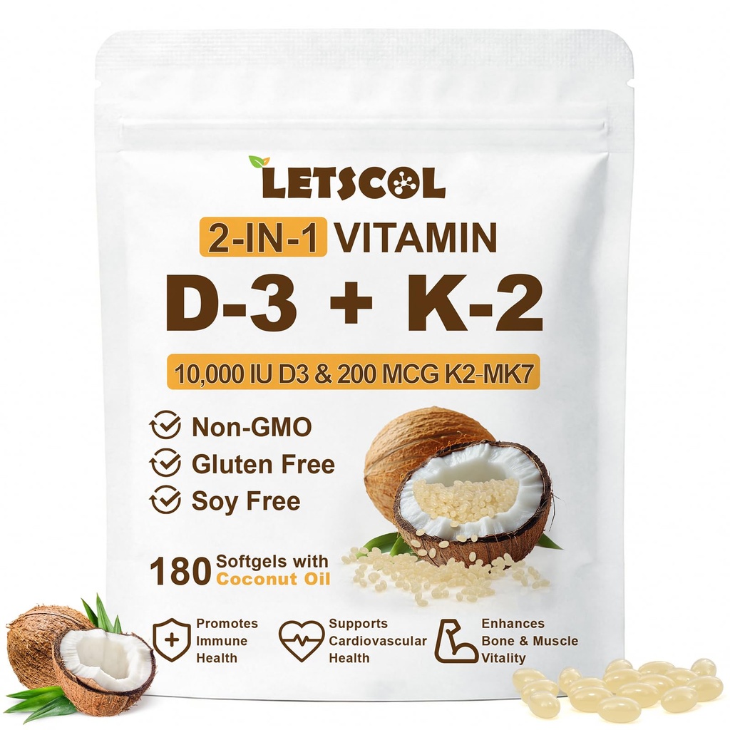 2 - in-1 D3 K2 - tilskud til Softgel, D3 10000 IE og vitamin K2 200 mcg, K2 MK7 med D3 - tilskud til immunforsvar, hjerte, led, tænder og knogler