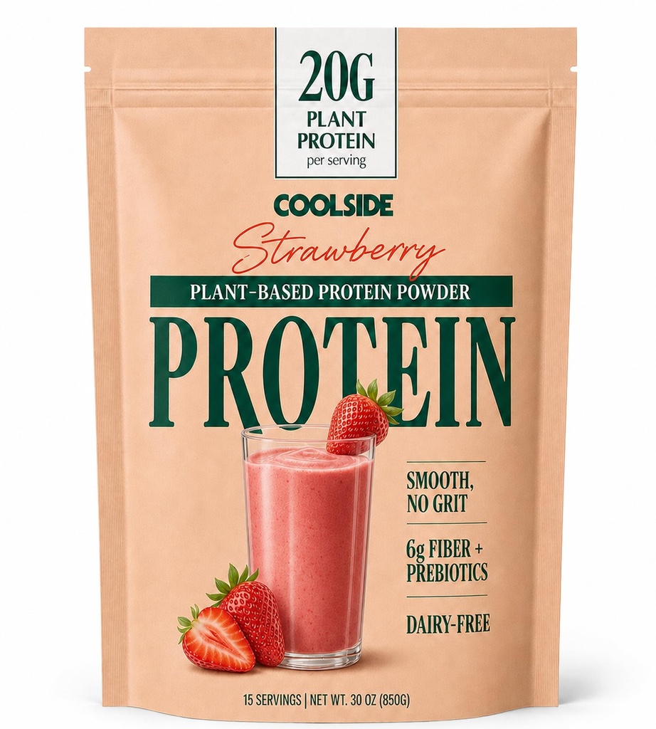 Coolside Vegan Plant Based Protein Powder Super Shake - 20g Clean Protein Blend(Hemp, Pumpkin, Watermelon Seeds), Prebiotics Fiber, Natural Sweetened, Dairy Free, Gluten Free - 15 Serv (Strawberry)