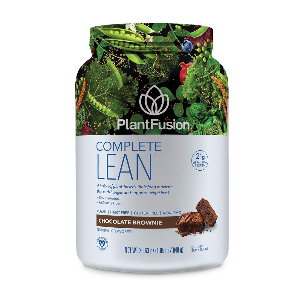 PlantFusion Complete Lean Plant Based Protein Powder - Prebiotic Fiber, Superfoods & Digestive Enzymes - Vegan, Gluten Free, Soy Free, Non-GMO - Chocolate Brownie 1.85 lb