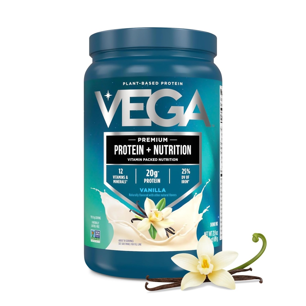 Vega Protein + Nutrition – 20g Plant Based Vegan Protein Powder, Vanilla for a Dairy-Free Protein Shake – Large Tub, 1.3lbs (18 Servings)