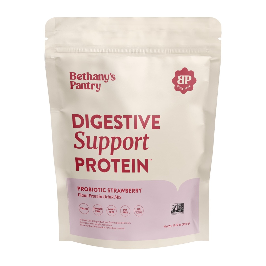 BETHANY'S PANTRY Digestive Support Protein Powder - Vegan Pea Protein with Probiotics & L-Glutamine - Only 5 Ingredients, Non-GMO Project Verified, No Artificial Sweeteners, Gluten Free (Strawberry)