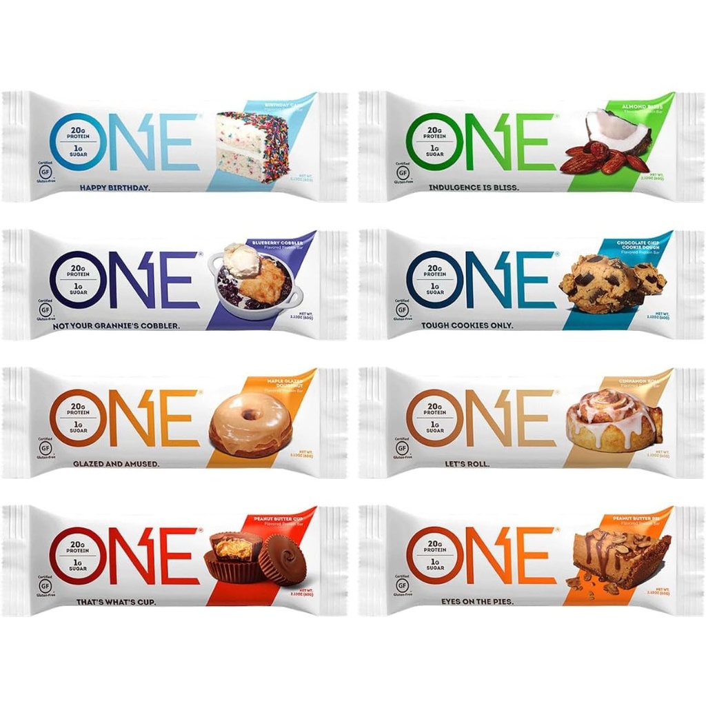 One Protein Bars, Sampler Variety Pack, Gluten Free med 20g Protein og 1g Sukker, Pantry Staples, 2,12 oz (8 Greve)