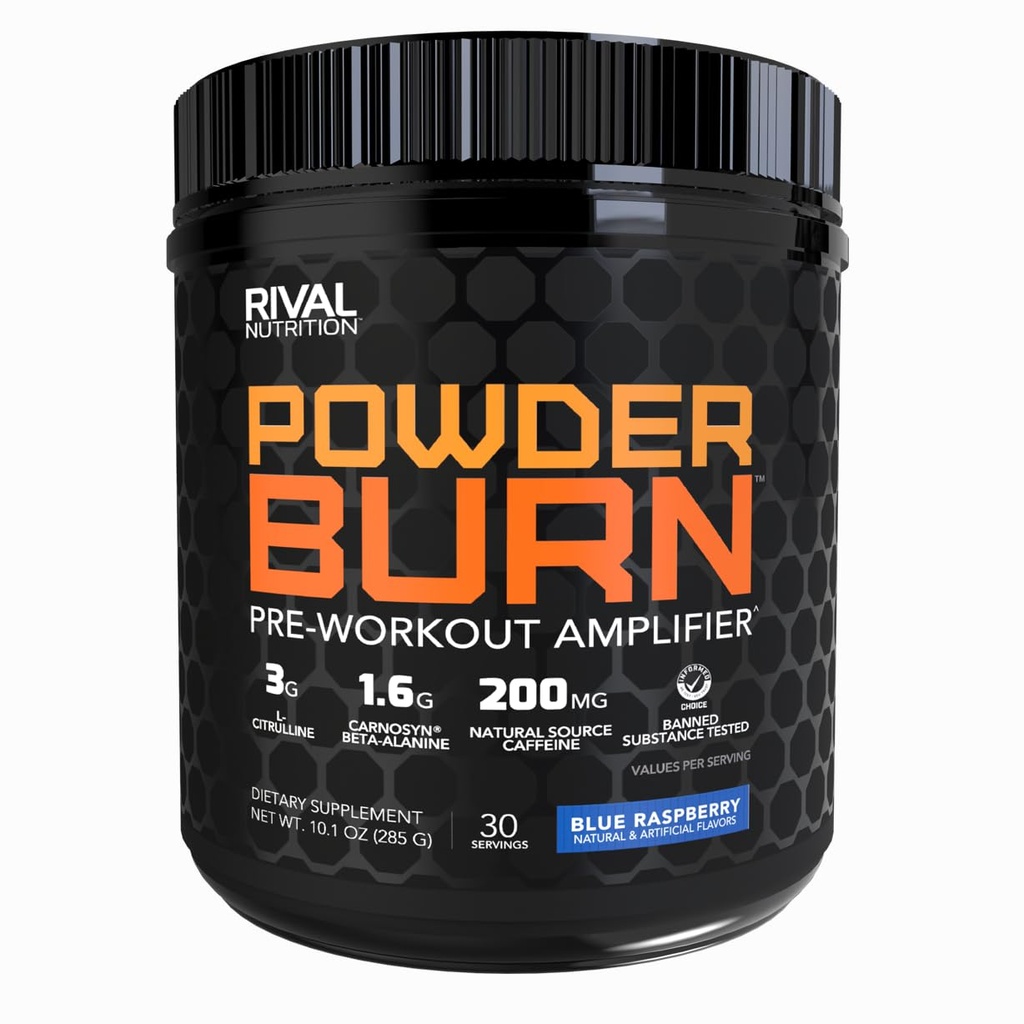 Rival Nutrition Powder Burn Pre-Workout Energy Powder for Men and Women I 3g L-Citrulline, 1.6g Beta-Alanine, 625mg Electrolytes, 200mg Natural Caffeine Per Serving I Blue Raspberry, 30 Servings