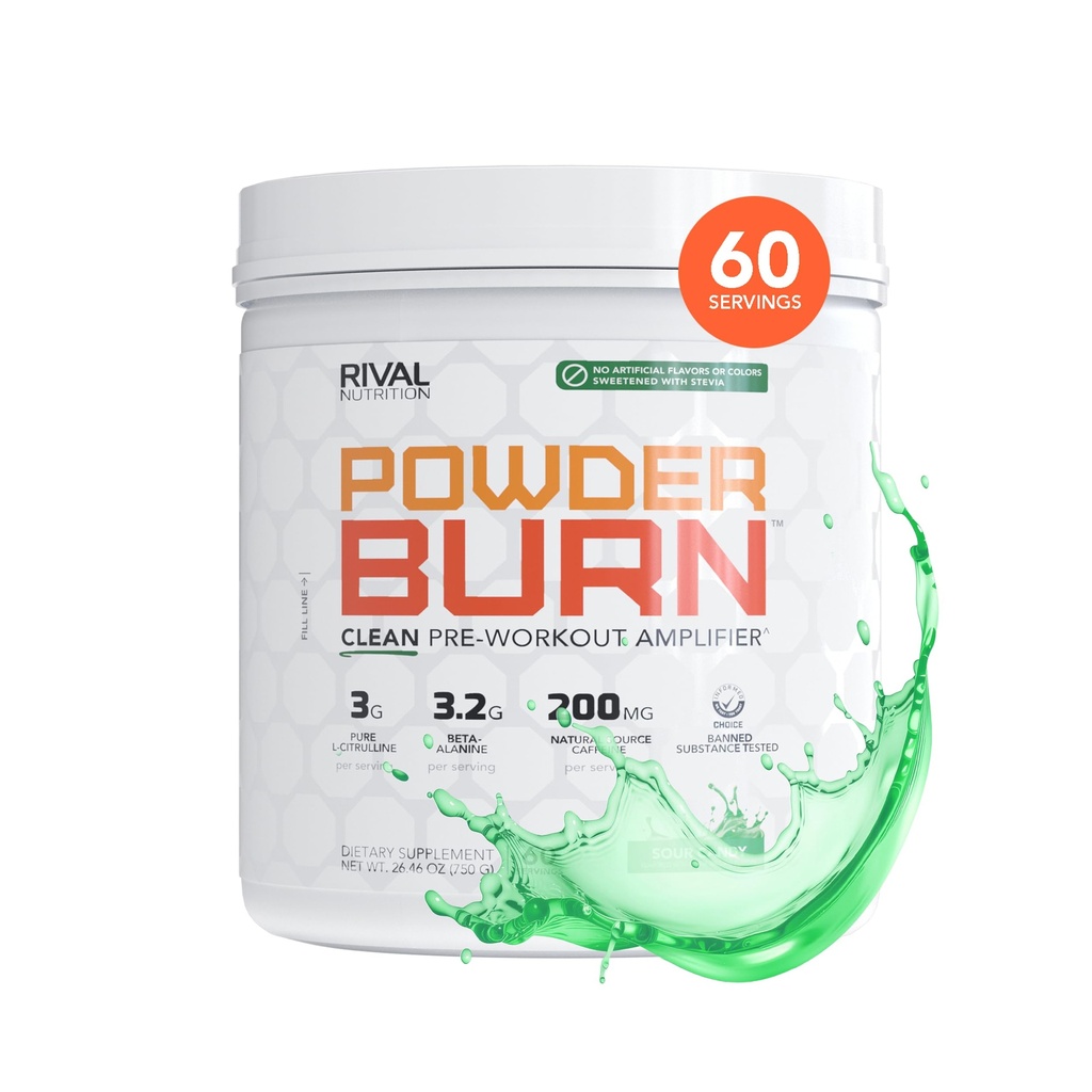 RIVAL NUTRITION Powder Burn Pre-Workout Energy Powder for Men and Women I Sour Candy, 60 Servings | Clean Ingredients I 3g L-Citrulline, 3.2g Beta-Alanine and 200mg Natural Caffeine Per Serving