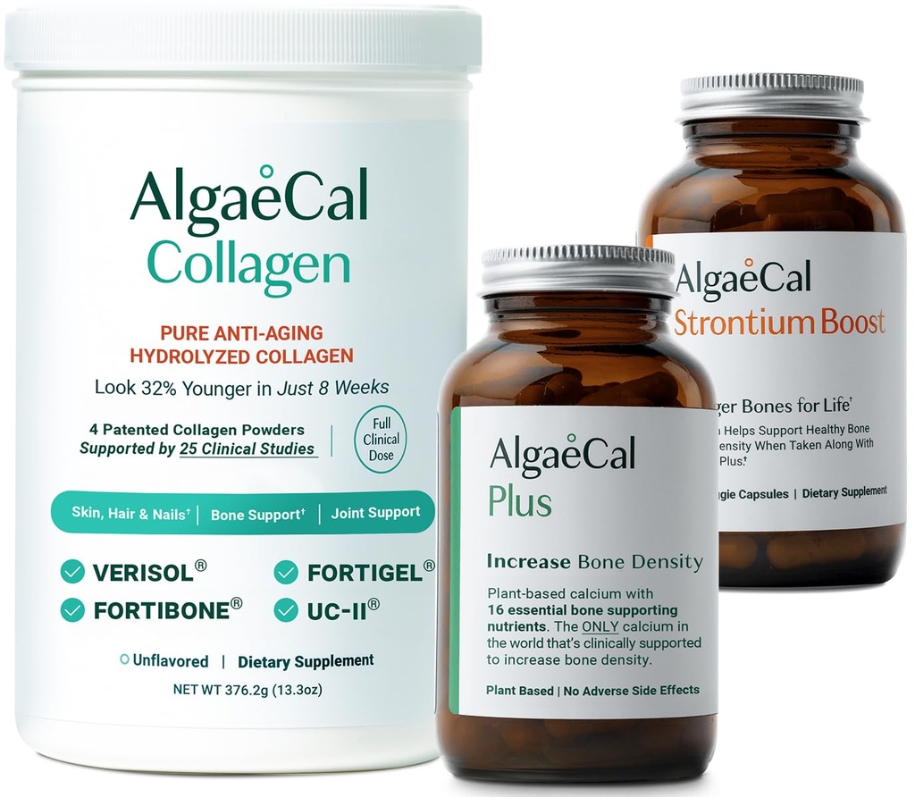ALGAECAL Bone Builder & Collagen Bundle - Klinisk-støttet Collagen med Verisol, Fortibone, Fortigel + Plant- baseret Calcium, Strontium, D3, K2, Magnesium & 16 Nutrients for Beauty & Bone Health