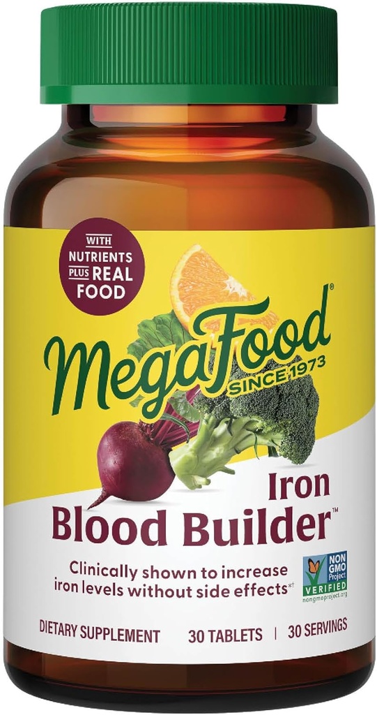 MegaFood Blood Builder jerntilskud til kvinder & mænd - Øge jernniveauer uden bivirkninger - Combat Træthed - med vitamin B12, Folinsyre & C-vitamin til absorption - Vegan - 30 tabletter