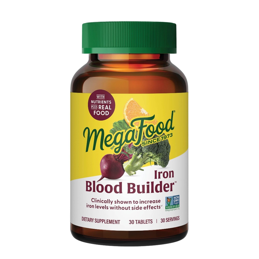 MegaFood Blood Builder jerntilskud til kvinder & mænd - Øge jernniveauer uden bivirkninger - Combat Træthed - med vitamin B12, Folinsyre & C-vitamin til absorption - Vegan - 30 tabletter