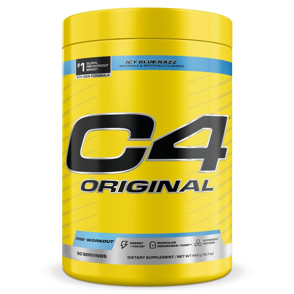 C4 Original Pre Workout – Pre-Workout for Endurance, Focus & Performance with 200mg Caffeine, Beta-Alanine, Creatine Nitrate, L-Arginine & PeptiPump – Sugar Free, 50 Servings, ICY Blue Razz