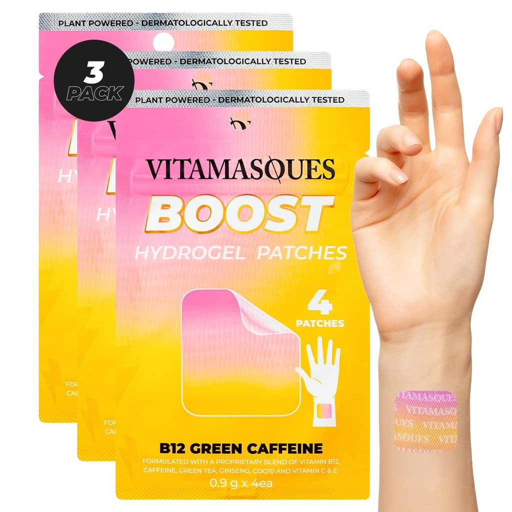 Vitamasques Energy Patches, Boostme Wellness Hydrogel Pads (3-Pack) - B12 Vitamin Patches for Women & Men, Energy & Focus for Adults - Cruelty-Free, Korean Skin Care Caffeine Gel Pads