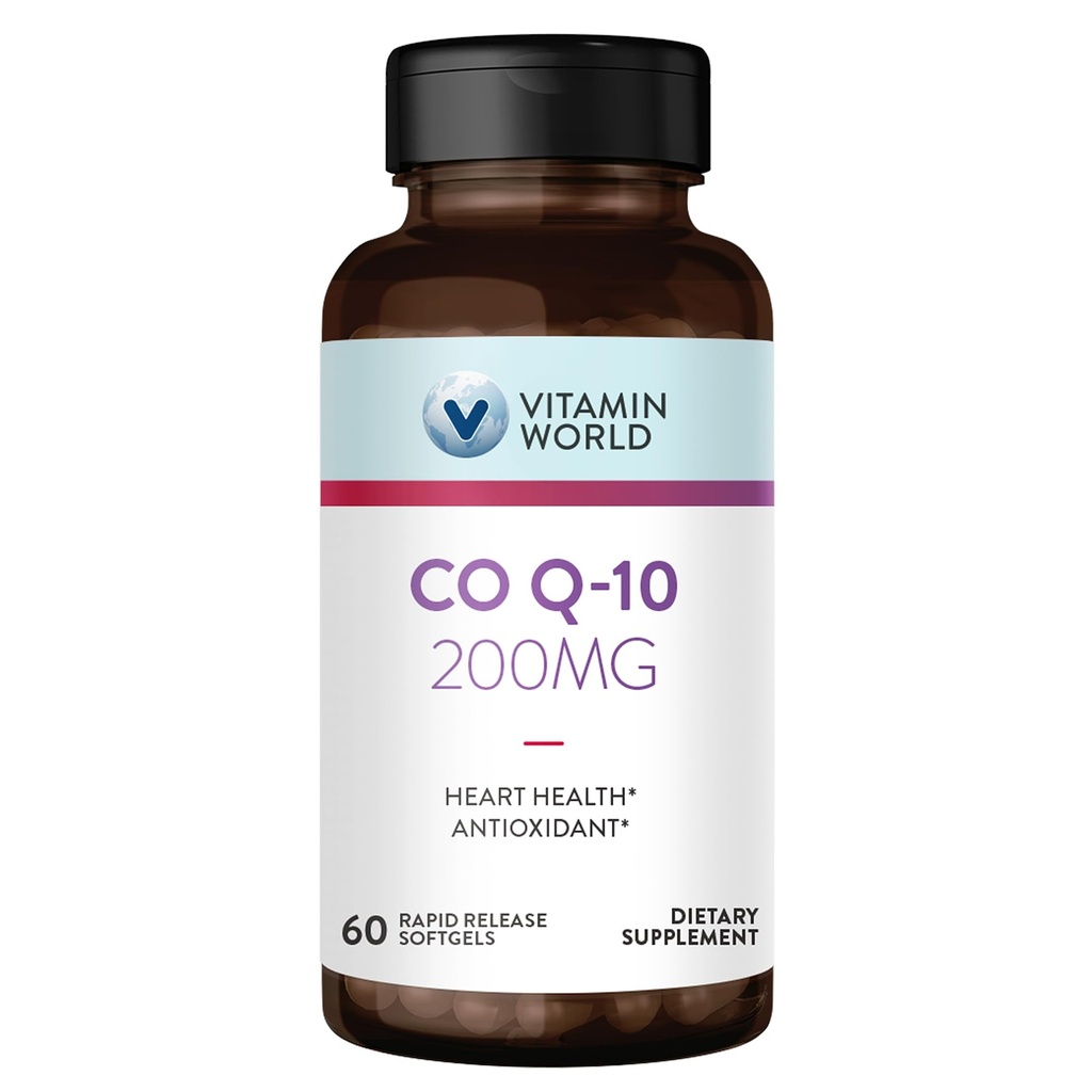Vitamin World CoQ10 200 mg Softels, Coenzym Q10 Kosttilskud til Antioxidant Support, Heart Health & Energy Production, Gluten Free, 60 Rapid Release Softels