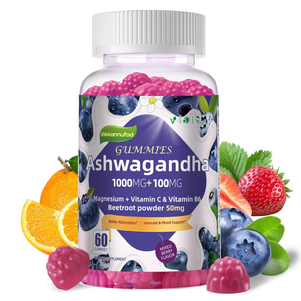 Wekannufod Ashwagandha Gummies 1000mg, 60 Count – Organic Root Extract, Daily Adaptogen Gummies, Non-GMO, Sugar Free & Gluten Free