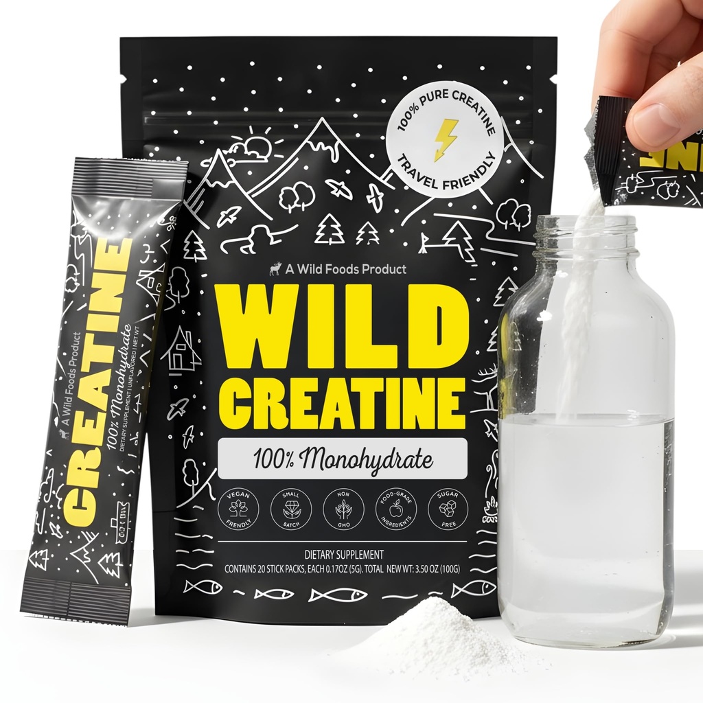 Wild Foods 100% Creatine Monohydrate Powder Packets - 20 Packets - for Brain & Performance – Pure Creatine Travel Packs for Men & Women, USA Made– 5g Creatina Per Serving