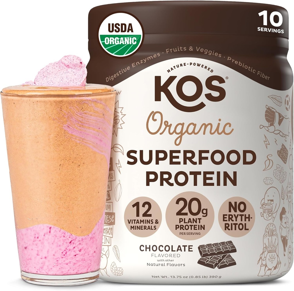 KOS Vegan Protein Powder, Chokolade USDA Organic - Low Carb Pea Protein Blend, Plant Based Superfood med Vitamin & Minerals - Keto, Soy, Gluten Free - Måltid erstatning for kvinder & mænd - 10 Servering