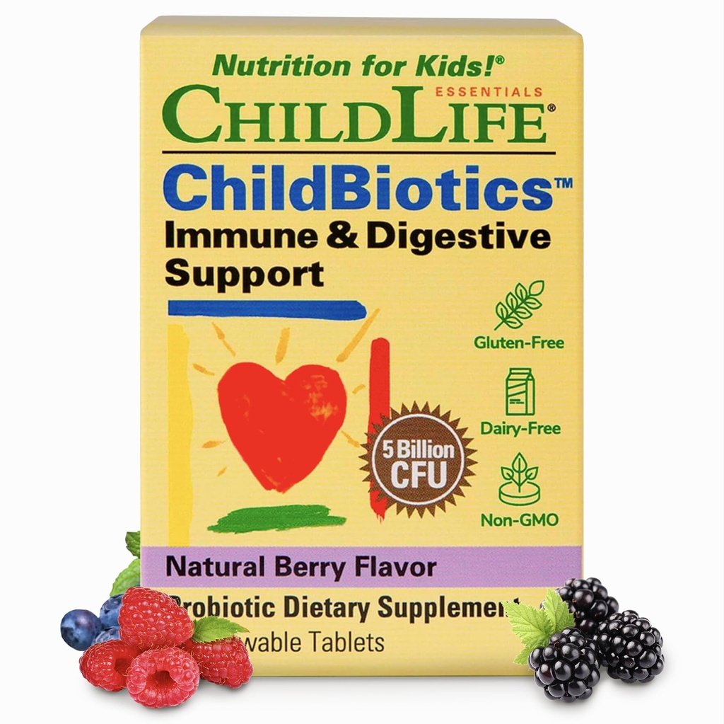 LEVNEDSMIDLER Childbiotics immun & fordøjelsesstøtte - Kids Probiotika, Probiotika til børn og tandlæger, Childrens Chewable Probiotika til Gut Health - Natural Berry, 30 tyggetabletter
