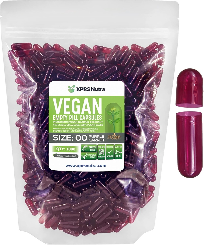 XPRS Nutra Størrelse 00 Tomme kapsler - 1000 Grev Tomme Veganske kapsler - Vegetariske Tomme piller - DIY Vegetabilske Kapsler Filling- Veggie Pill Caps (lilla gulerod)