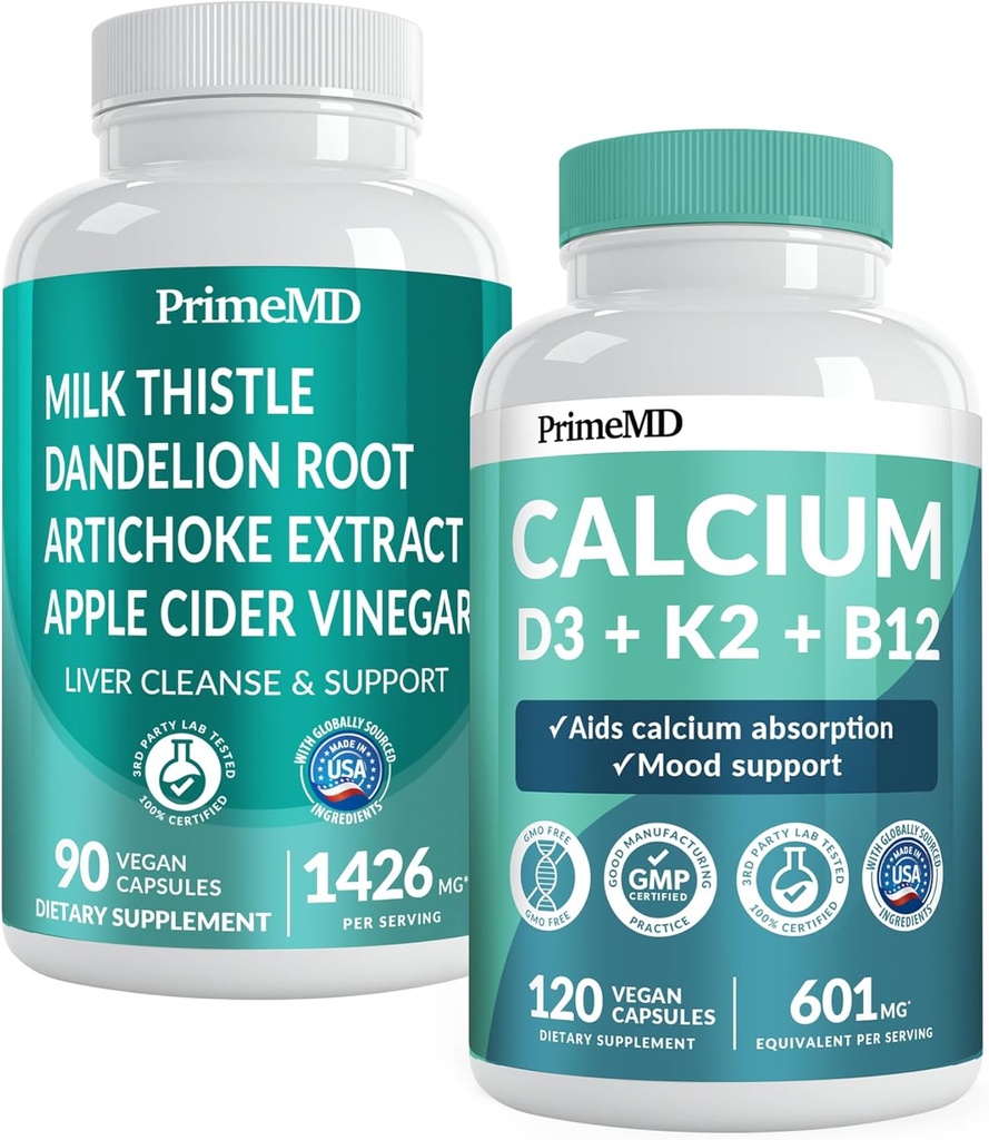 Calcium D3 K2 B12 (1pk) og leverstøtte (1pk) Supplement Bundle - Potente vitaminer til ben, hjerte, lever funktion, & immunforsvar - ikke-GMO, Vegan, Gluten- fri