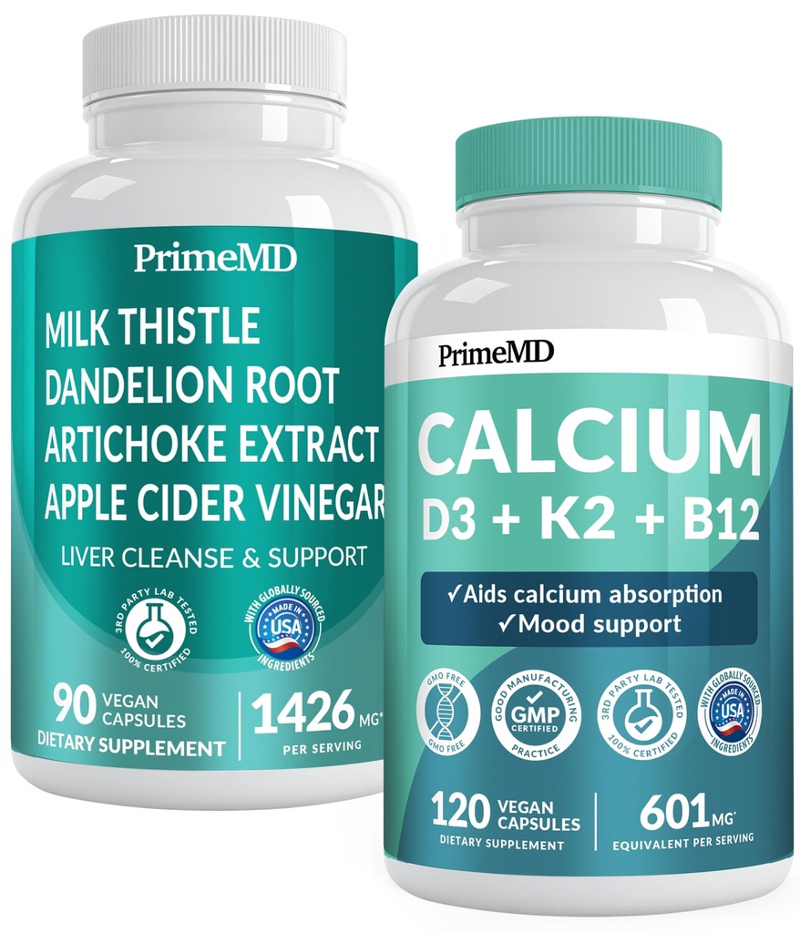 Calcium D3 K2 B12 (1pk) og leverstøtte (1pk) Supplement Bundle - Potente vitaminer til ben, hjerte, lever funktion, & immunforsvar - ikke-GMO, Vegan, Gluten- fri