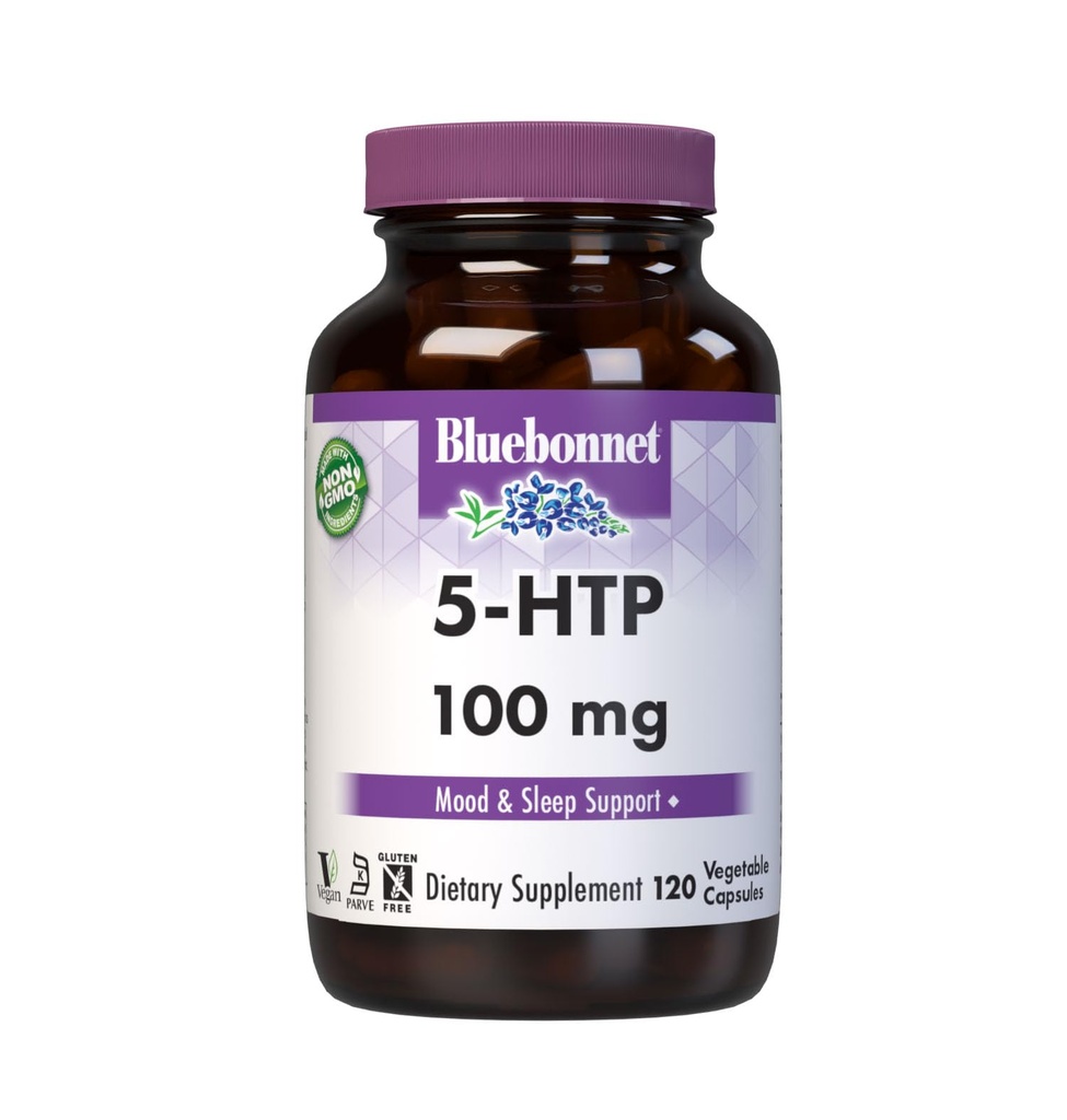 Bluebonnet Nutrition 5-HTP (Hydroxytrypophan) 100mg, for Neurotransmitter Support *, Supportes Positive Mood *, Soy- Free, Gluten- Free, Non- GMO, Kosher Certified, Vegan, White, 120 Vegetabilsk Capsule