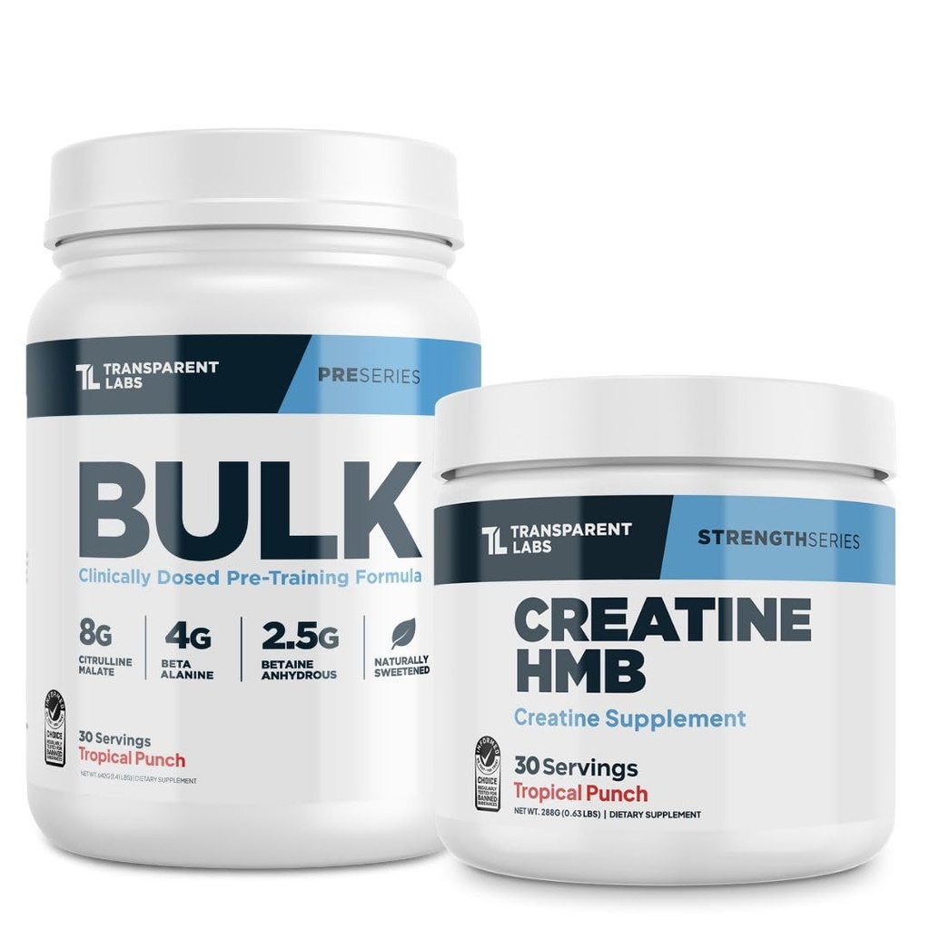 Transparent Labs Bulk Pre-Workout Powder (30 Servings, Tropical Punch) & Creatine HMB (30 Servings, Tropical Punch)