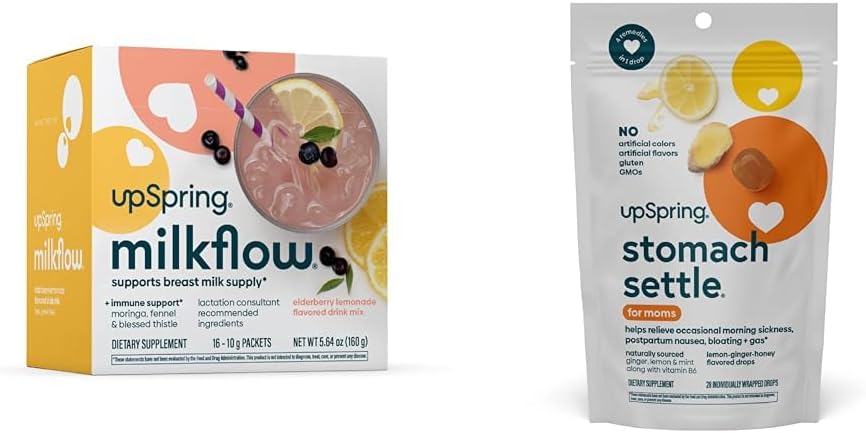 UpSpring Stomach Settle Drops, Honey Flavour, 28 Ct + Milkflow Amning supplement Drink Mix med Moringa & Velsignet Thistle, Ingen Fenugreek Mest124; Elderberry Lemonade Flavor Mest124; 16 Drink mixes