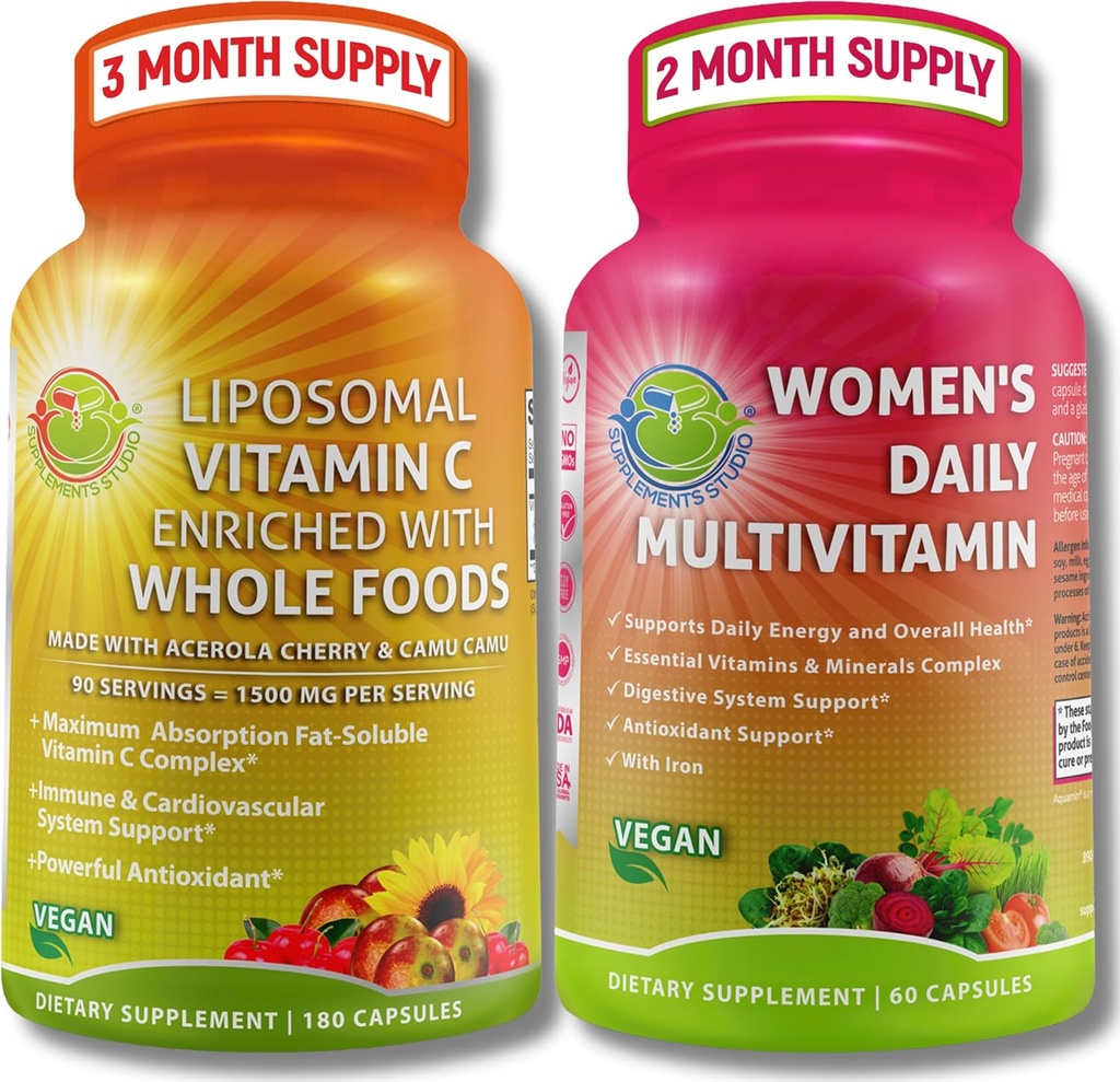 Antioxidant & Immunity Support Bundle - Liposomal Vitamin C 1500mg med Organic Acerola Cherry & Camu Camu + kvinders daglige multivitamin med jern, superfødevarer, Probiotika & enzymer - Vegan, Non- GMO