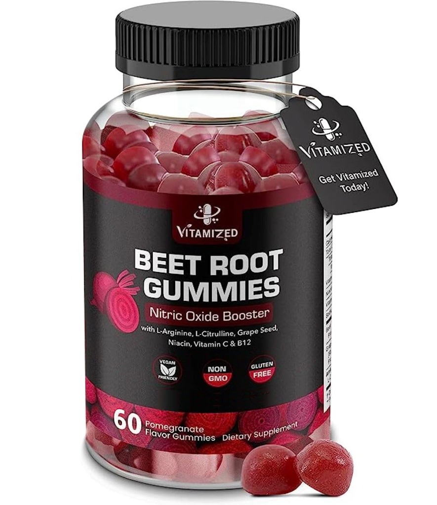 Beet Root Gummies - Super Nitrogen Oxide Beets Supplement - Red Beetroot Heart Chews med Grape Seed Power & B12 - Pomegranat Flavor, 60 Chewables Beets