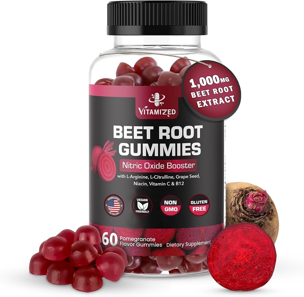 Beet Root Gummies - Super Nitrogen Oxide Beets Supplement - Red Beetroot Heart Chews med Grape Seed Power & B12 - Pomegranat Flavor, 60 Chewables Beets