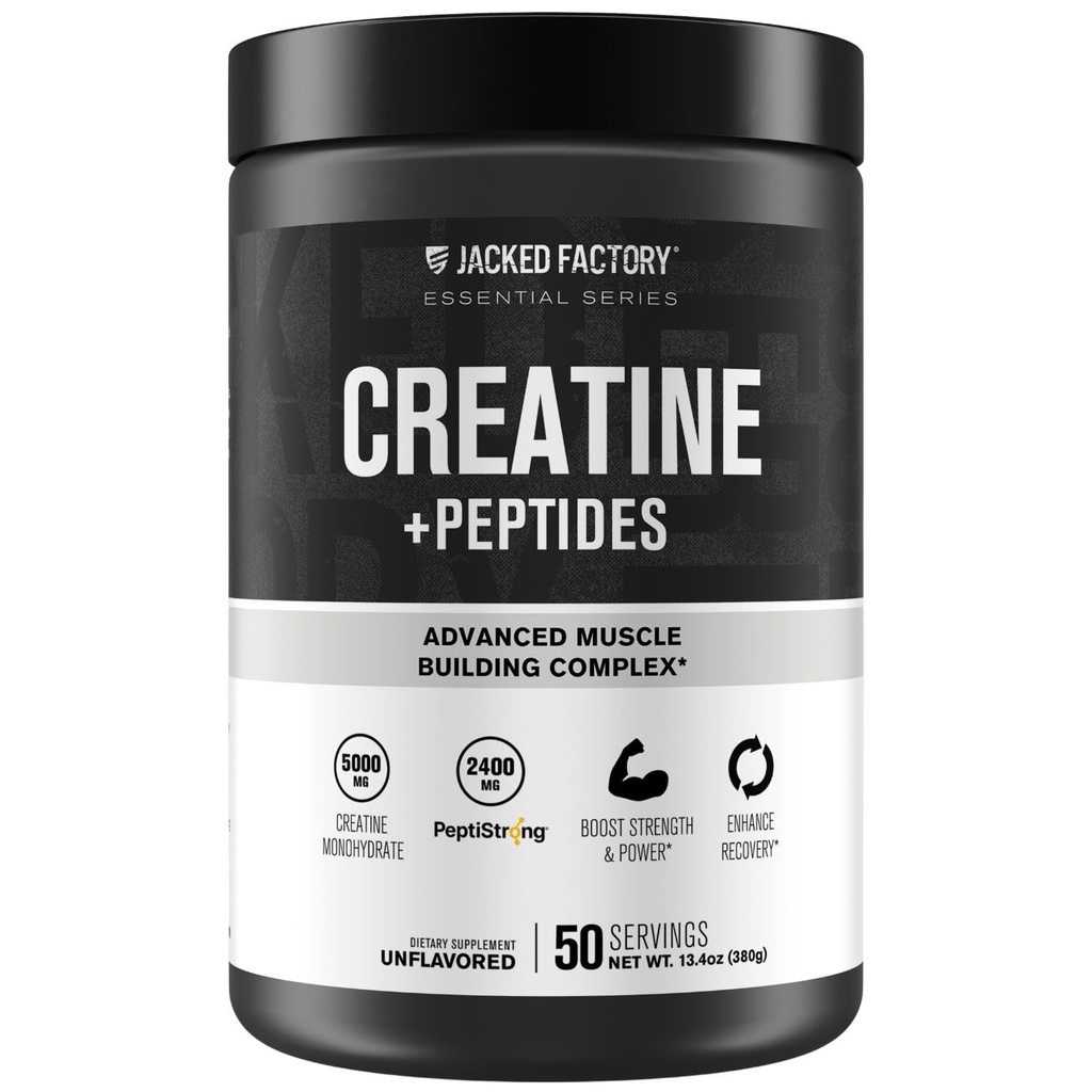 Jacked Factory Creatine + Peptides - Creatine Monohydrate and PeptiStrong Peptides for Muscle Growth and Reduced Muscle Breakdown - Unflavored - 50 Servings