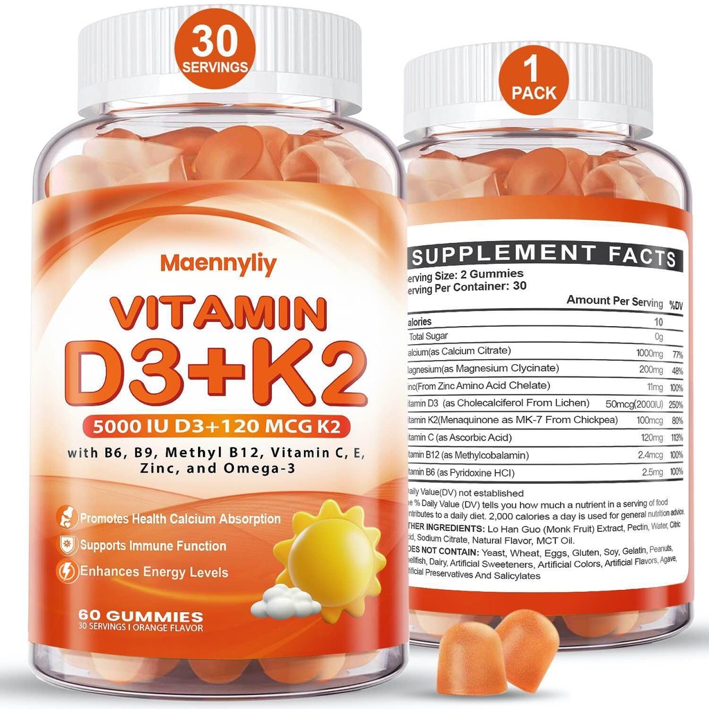 Vitamin D3 K2 Gummies til voksne - Vitamin D3 5000IE + K2 (MK- 7) 120mcg - Sukkerfri D3 og K2 Kosttilskud med Omega-3, Methyl B12, B9, B6, Vitamin E & Zink - for Calcium Absorption & immunforsvar