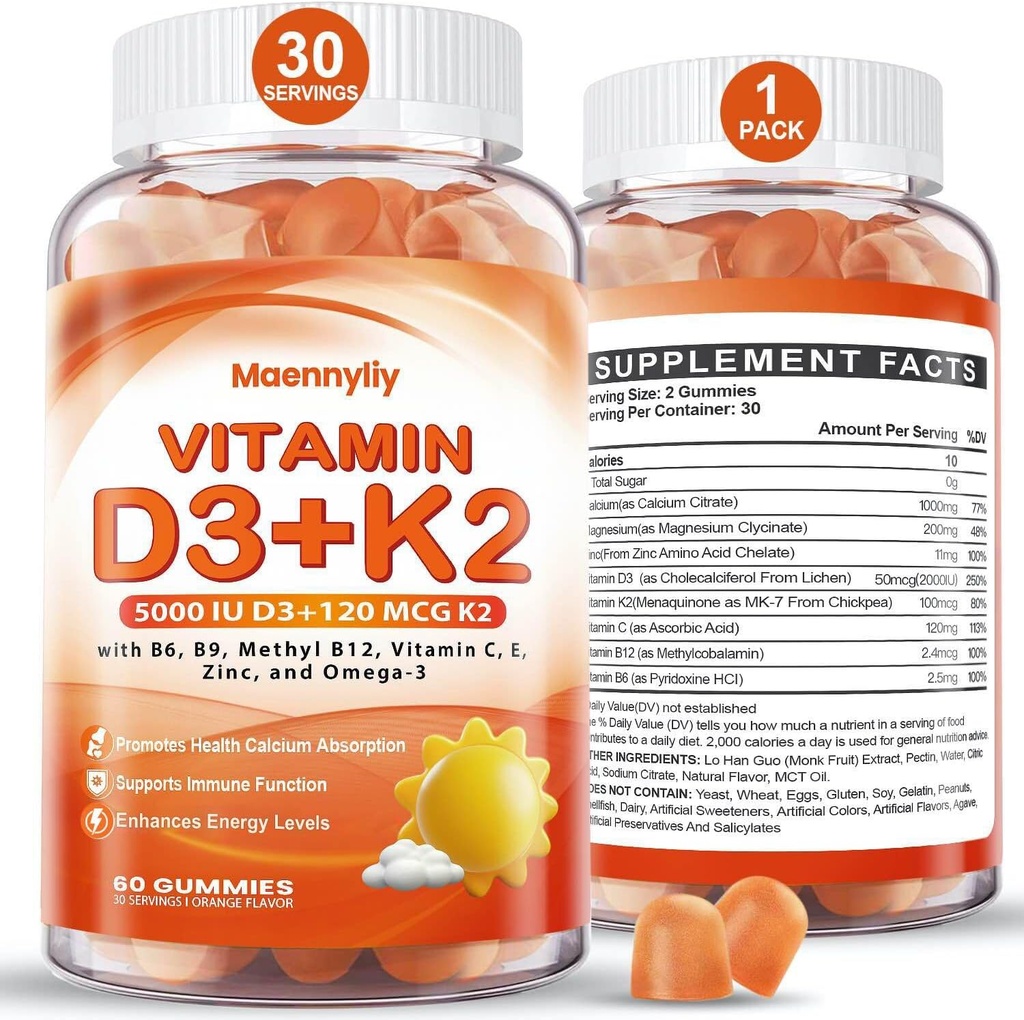 Vitamin D3 K2 Gummies til voksne - Vitamin D3 5000IE + K2 (MK- 7) 120mcg - Sukkerfri D3 og K2 Kosttilskud med Omega-3, Methyl B12, B9, B6, Vitamin E & Zink - for Calcium Absorption & immunforsvar