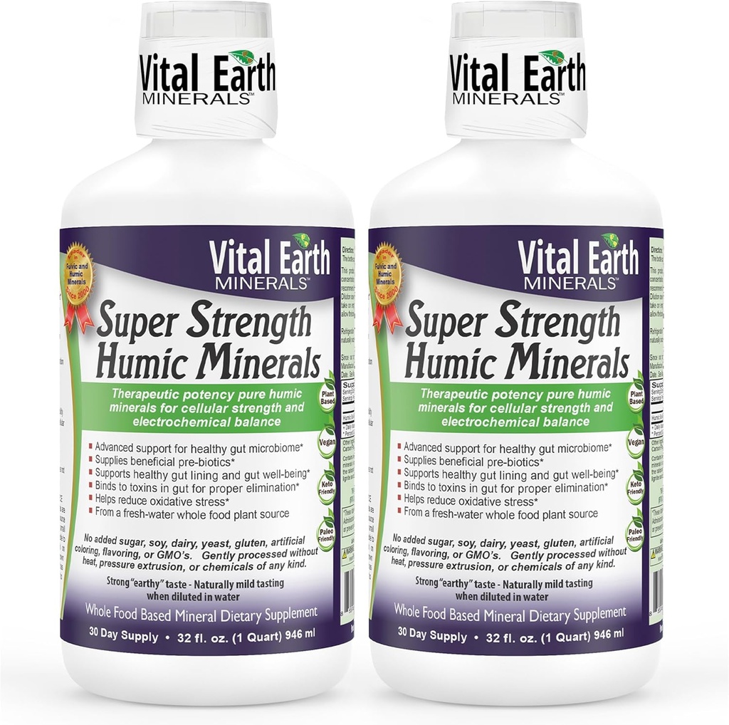Vital Earth Minerals Super Strength Humic Minerals 2- Pack - Fulvic Acid Supplement med 70 + Trace Minerals, Electrolytes for Detox & fordøjelse, 32 Oz Ea + 1 Oz Cup