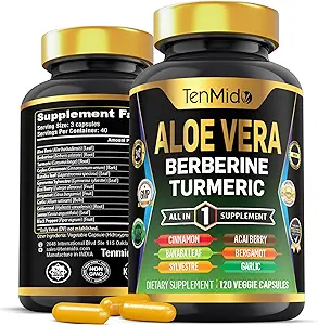 Aloe Vera Kapsler Supplement - 12in1 Formel - Kombiner med berberine, gurkemeje, Ceylon kanel, Banaba Leaf, Gymnema Sylvestre, Acai Berry, Bergamot, hvidløg og mere - 120 Kapsler