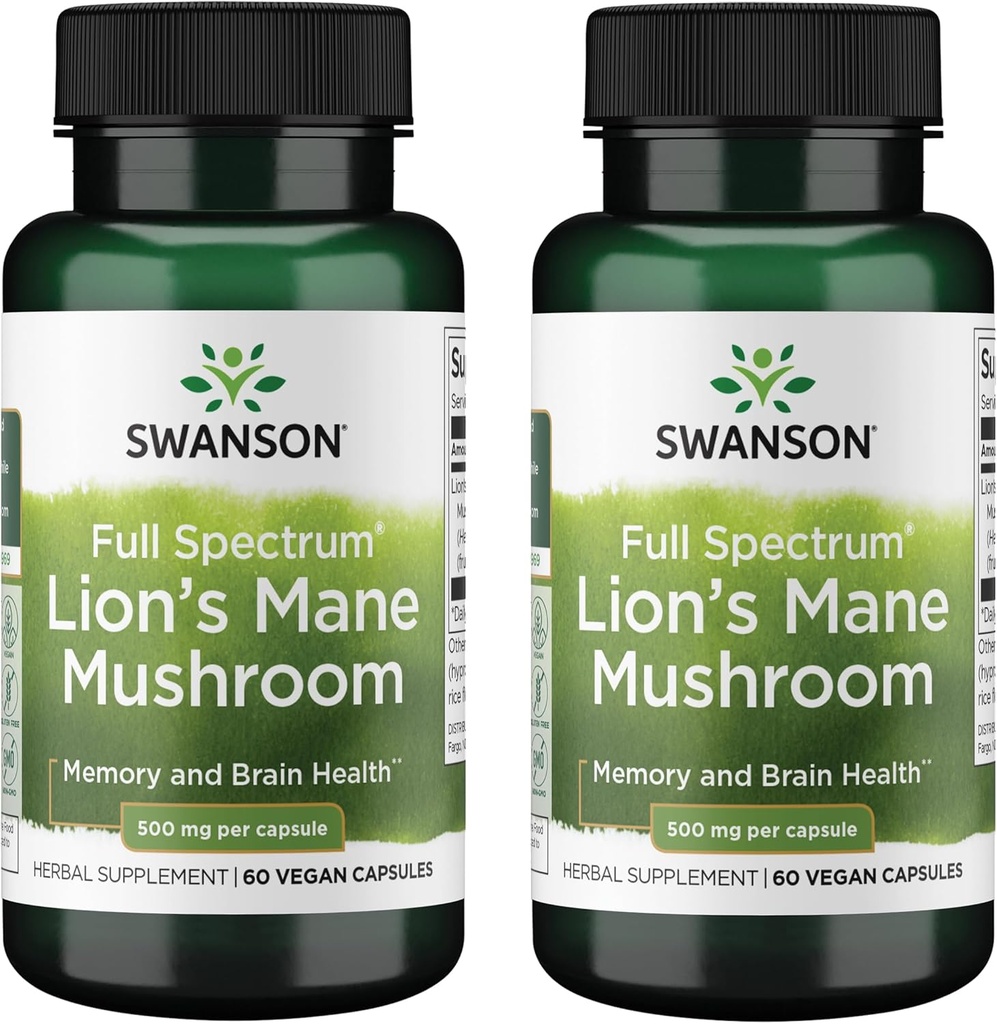 Swanson Full Spectrum Lions Mane Mushroom - Brain Health Supplement til Support Memory, Focus & Clarity * - Kan også hjælpe immunforsvar, hjerte & fordøjelsessygdomme - Gluten- Free & Non- GMO - 60 kapsler (2 Pack)