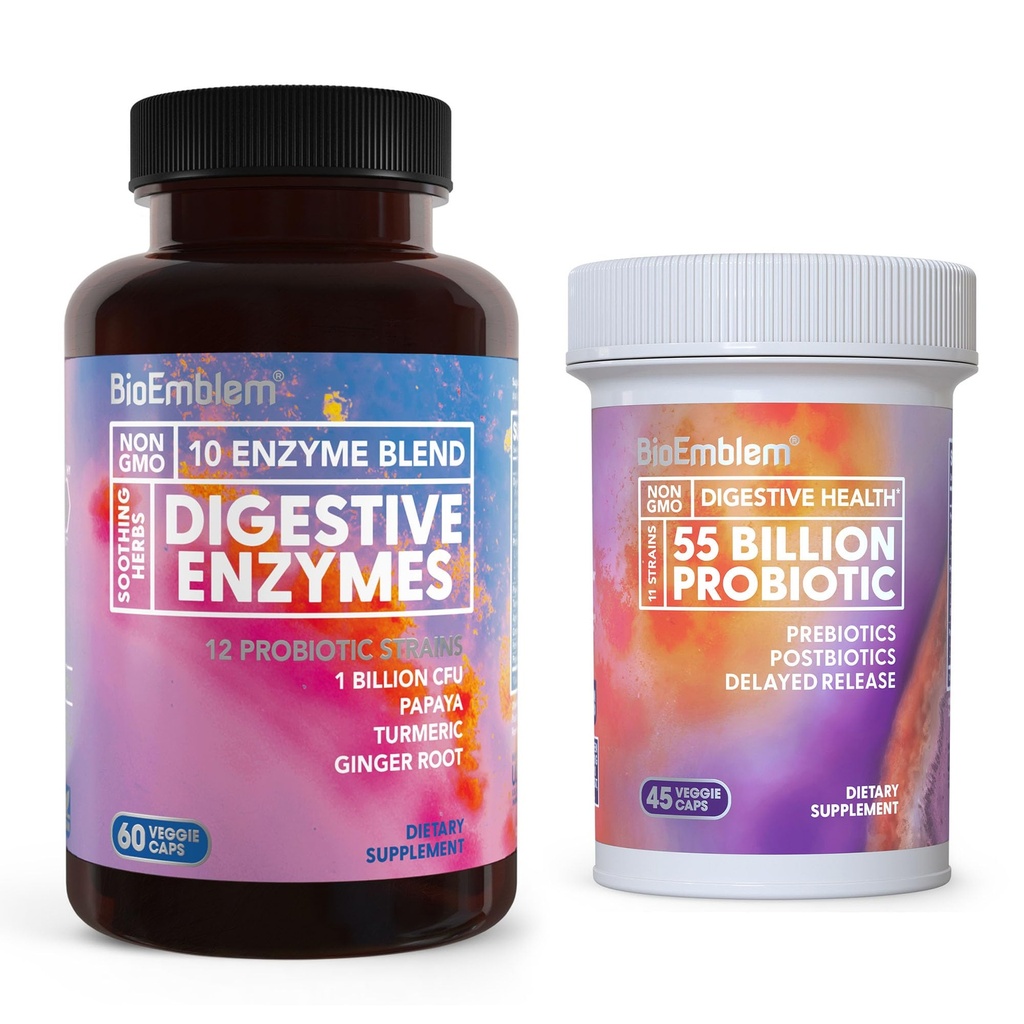 BioEmblem Probiotics for Women & Men – 55 Billion CFU with Prebiotics, Postbiotics & Digestive Enzymes - 10 Enzymes