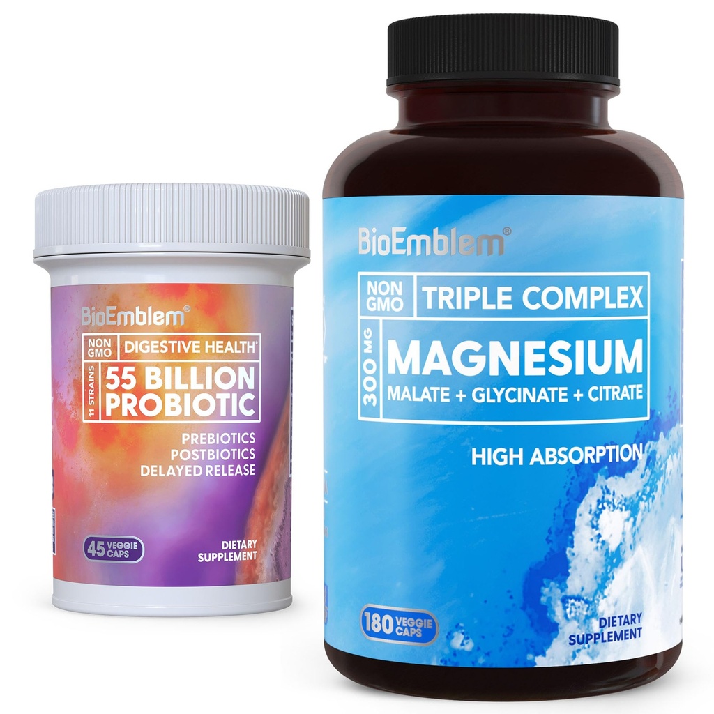 BioEmblem Triple Magnesium Complex 180 Capsules & Probiotics for Women & Men