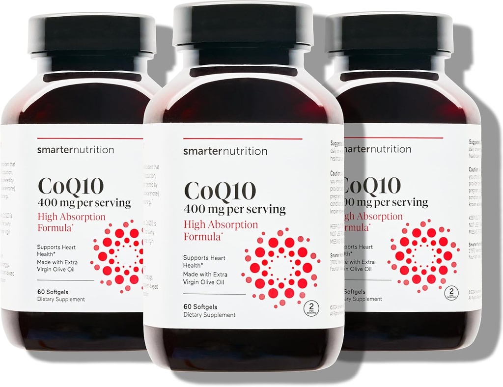 SMARTERNUTRITION CoQ10 400 mg Høj Absorption - Naturligt fermenteret Ubiquinone w / Organic Cold- Pressed Olive Oil - for Heart Health, Cellular Energy - Non- GMO, Gluten Free - 180 Greve [90- Day Supply]