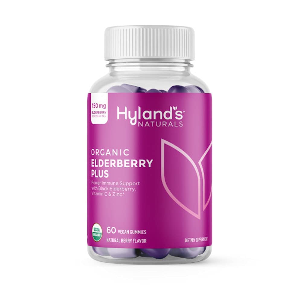 Hyland Organic Elderberry Plus Gummies, Organic Black Elderberry med ZINC og C-vitamin, immunsupporttillæg til voksne, 60 Vegan Gummies (30 dage)