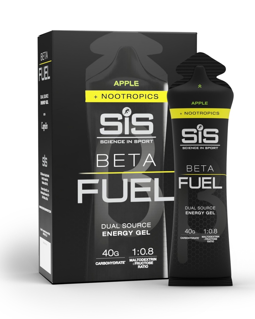 Science in Sport BETA Fuel + Nootropics - Nootropic Energy Gel - Optimal 1:0.8 Maltodextrin to Fructose Ratio - 40g Carbohydrates - Sports Nutrition - Apple Flavor - 6 Count