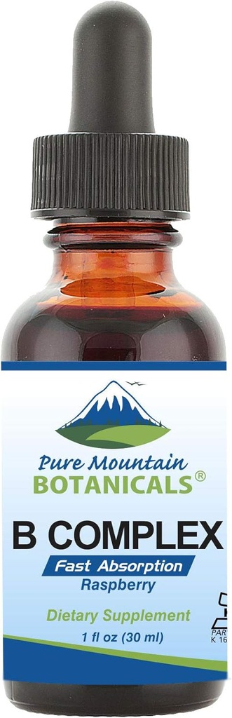 Pure Mountain Botanicals flydende vitamin B Complex - Raspberry Flavor Kosher B Complex Vitamin med B12, B6, Thiamin, Biotin, Niacin - 1oz flaske