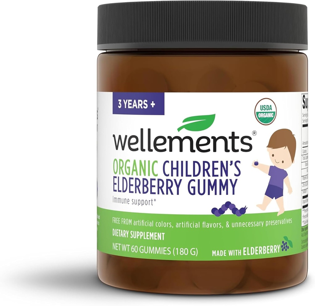 Wellows Organic Children 's Elderberry Gummy Bummy 124; Daily Kids immunsupport Gummies *, Lavet med C-vitamin og zink, USDA Certified Organic, Ingen kunstige farver Bummy 124; 2 År +, 60 Greve