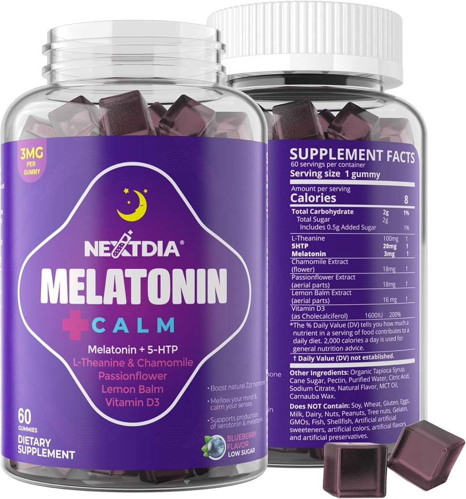 Melatonin Gummies 3mg 5mg 1mg - Sund rolig cyklus støtte med 5htp, L-Theanin, Lemon Balm, Kamille, Passionsblomst, D3- vitamin til immunforsvar - Lavt sukker, Gelatine fri, Vegan - 60 tællinger