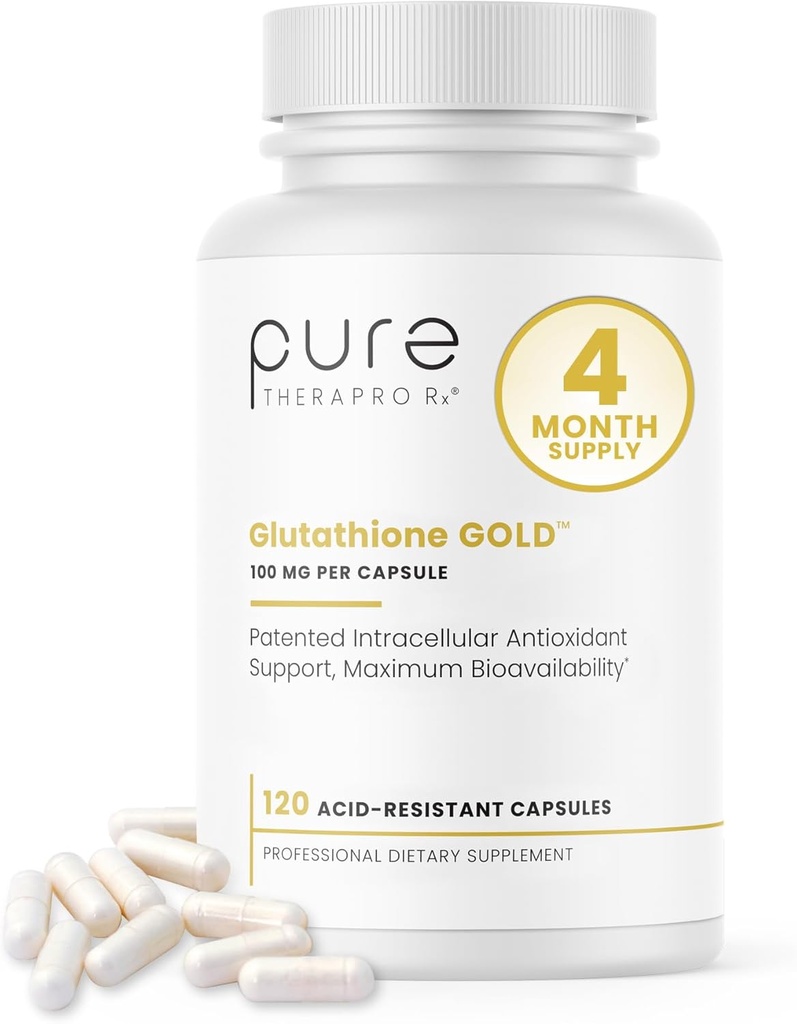 Pure Therapro Rx S- Acetyl Glutathione Gold 100mg, Made in USA - 4 Months Supply Measures 124; Acid Resistent Capsules Measures 124; Patenteret Acetyleret Form of Glutathione Measures 124; Zero Fillers, Pharmaceutical Grade, Non GMO