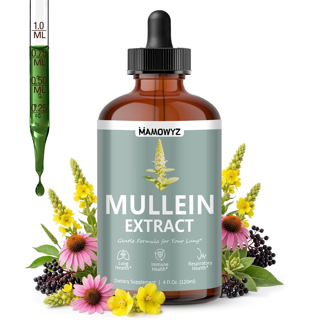 Mullein Drops for Lungs, Mullein Leaf Extract for Lungs with Elderberry, Echinacea, Marshmallow Root & Herbal Blend, Lung Detox for Smokers & Daily Respiratory Immune Support, 120 ml