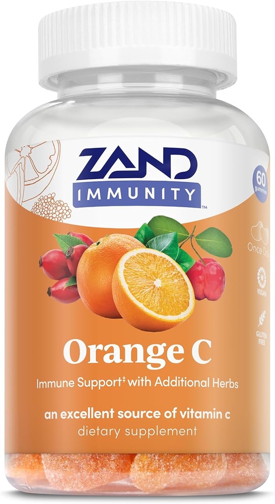 ZAND Immunity Orange Vitamin C Gummies, Wellness og immunforsvar Support, Chewable Vitamin C w / Citrus Bioflavonoider, Rose HIPS og Acerola, Vegan, Gluten Free, 60- Day Garanti, 30 Servere