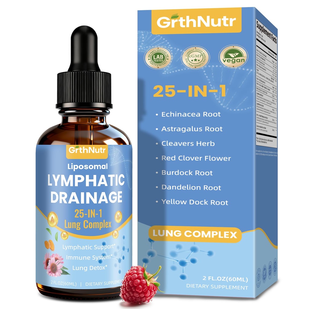 25-in-1 Liposomal Lymphatic Drainage Drops with Echinacea, Burdock, Dandelion, Calendula, Milk Thistle for Lung Detox - Support Lymphatic Health, Immune Support, Liver Cleanse Detox & Repair, 2 fl oz