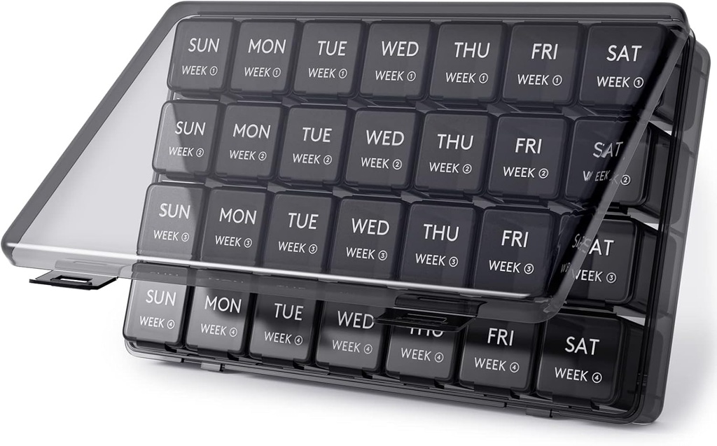 Lifewid Monthly Pill Organizer, 28 Day Pill Box, 4 Uger One Monthly Pill Cases, Store Compartments Medicine Organizer for Vitaminer, Fiskeolier, Kosttilskud